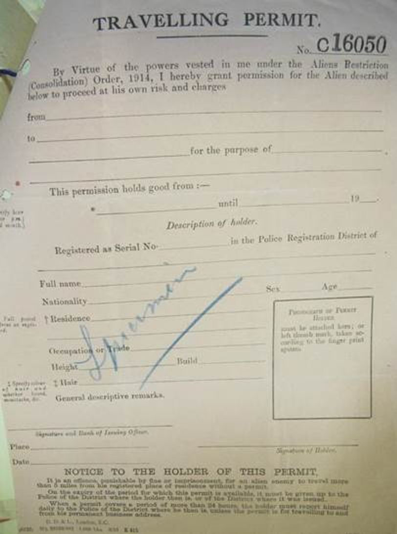 A British traveling permit issued to aliens