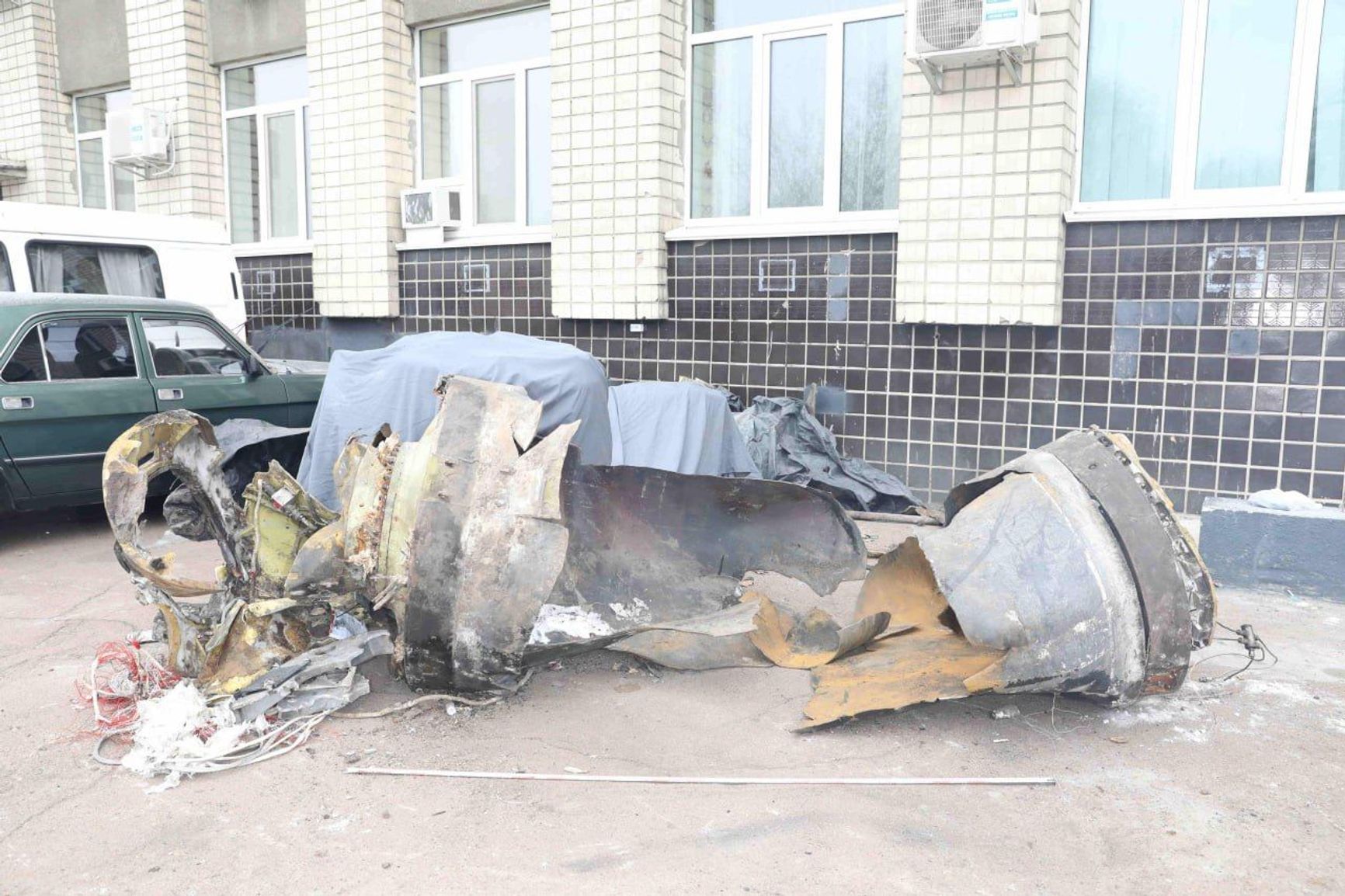 Collected debris from a ballistic missile used to strike targets in Kharkiv, identified as the North Korean KN-23